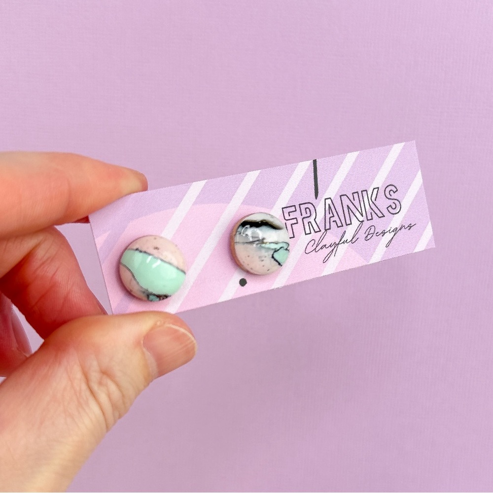 Marbled Design Handmade Polymer Clay Small Round Stud Earrings